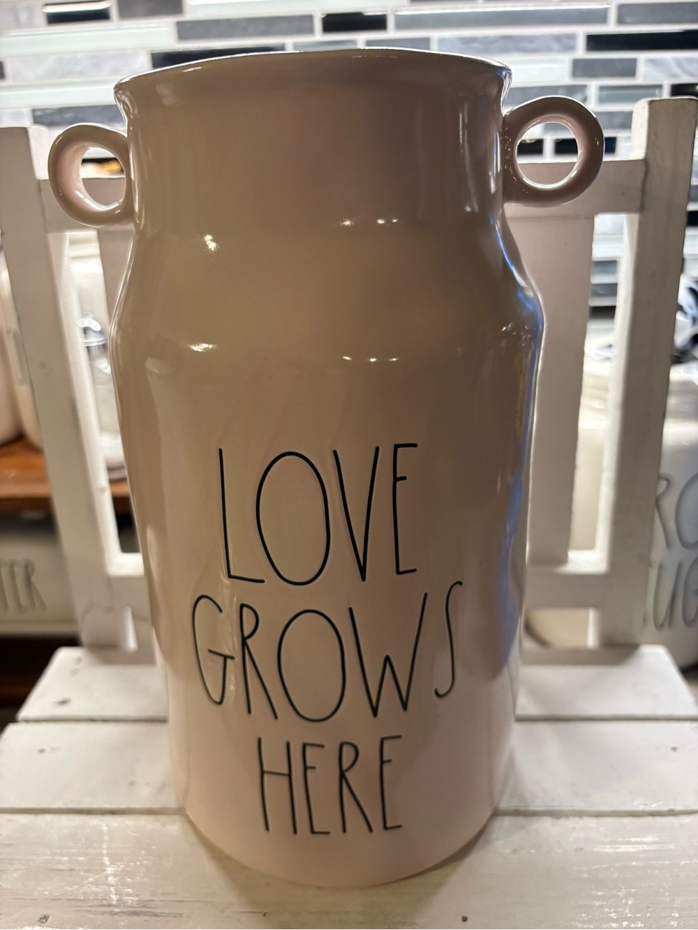 Rae Dunn Light Pink Ceramic Vase with 'Love Grows Here' Script